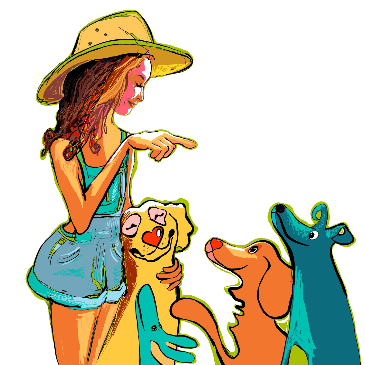 Illustration of Ceci with her two dogs